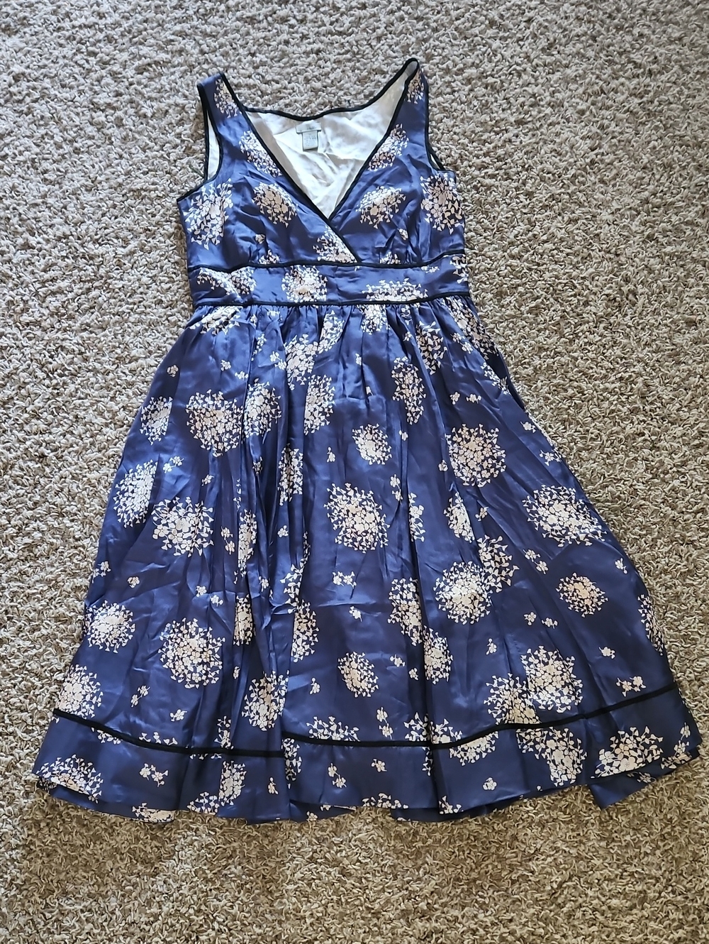 Anthropologie Odille Navy Blue Floral Midi Dress with Black Trim 100% Silk